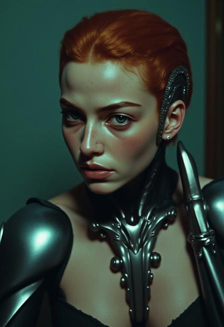 ArsMovieStill, film-grain, movie still from a 1990s indie movie,  a melancholic cyborg girl, full body is completely a robotic bodyporcelain skin with freckles, metallic orange-red slicked-back hair, dark dramatic eye makeup, tears streaming down face, chain adornments on forehead and ear, robotic body, segmented with circular joints, soft lighting, dark greenish-gray background, cyberpunk, biomechanical, vulnerable, futuristic, gritty, neon-lit slight overexposure,