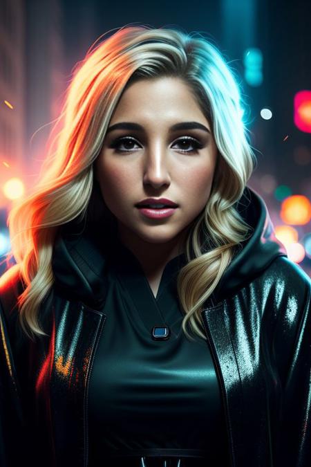 Best quality, closeup, portrait photo of beautiful woman Koh_AbellaDanger wearing (black jedi robes), blonde hair, smiling, perfect face, sci-fi, star wars, (extremely detailed CG unity 8k wallpaper), trending on ArtStation, trending on CGSociety, Intricate, High Detail, Sharp focus, (detailed pupils), cinematic lighting, volumetric lighting, subsurface scattering, backlight, chromatic abberation, bloom, 8k, 4k, depth of field, masterpiece, behance hd, deviantart hd, magical, cyberpunk city, city lights, city background, (neon:0.7)