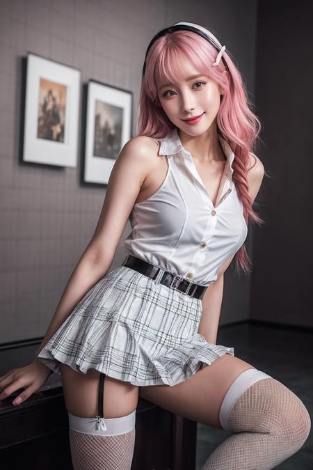 VG03_SoloTI_v1,
(happy,smile,eyes,face),
(Plaid miniskirt paired with a fitted white blouse, a few buttons undone, knee-high socks peeking above lace-up boots, tousled hair styled with a playful ribbon),
(in a museum:1.3),
(seductive:1.4),photorealistic, masterpiece, high quality, artistic, unique, award winning photograph, professional, 8k, RAW photo, best quality, 
<lora:add_detail:0.8>,<lora:LowRa:0>, PA7_Portrait-MCU,