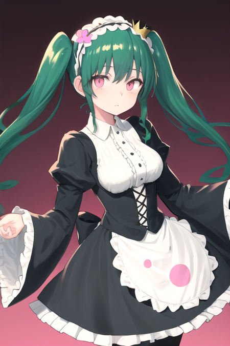 GinkoKuroi, 1girl, solo, long hair, skirt, white shirt, hair ornament, long sleeves, black dress, twintails, medium breasts, pink eyes, purple pantyhose, sidelocks, hairband, frills, green hair, puffy sleeves, collared shirt, hair flower, wide sleeves, waist apron, maid, maid headdress, mini crown, frilled sleeves, white apron, corset, underbust, 