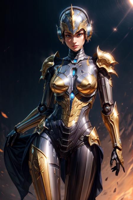 masterpiece, best quality, 8k, ultra detailed, simple background, 
droid girl in LQDGOD armor, huge shoulder armor, <lora:kongshanjibot_20230616000833:0.5>, kongshanjibot, seductive smile, presenting, camera lens eyes, <lora:Lqg:1.5>, liquid gold,  <lora:ClothingAdjuster2:-0.5>,  <lora:add_detail:1>