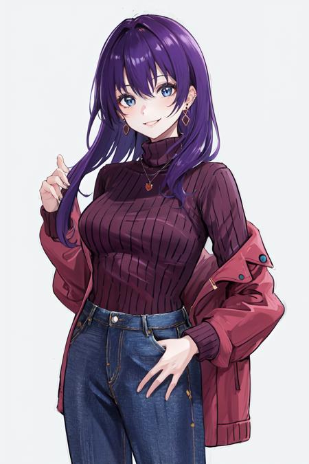 masterpiece, best quality, highres, 1girl earrings <lora:arthur_pencilgon_no_outfit:1> smile, turtleneck sweater, denim pants