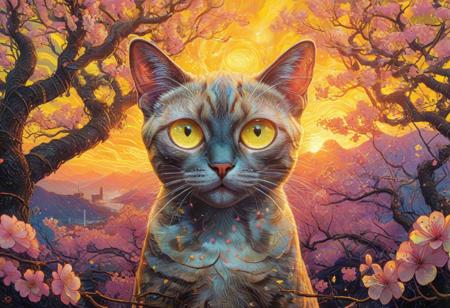 PsychadelicChaos, absurdres, high resolution, detailed, stylized by Alex Ross, Marc Silvestri, photograph, close up of a In a surreal landscape, the iconic Siamese Cat psychadeliced in a vibrant Enticing Yellow psychadelic is seen in front of a backdrop of cherry blossom flowers. at Sunset, Light, Gadgetpunk, Cold Lighting, Kodak portra 800, 80mm, One Color, <lora:Upgraders\Detail Tweaker XL:1.0>, <lora:Challenge\aidmaPsychadelicChaosWorldMorphXL-V0.1:1.0>
