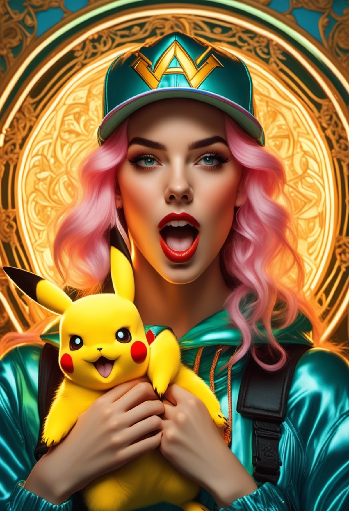 Photograph,  grand_photograph,  1girl with pikachu cap,  open mouth,  from above, neon_glowing_hair,  canon_5d_mark_4,  ne...