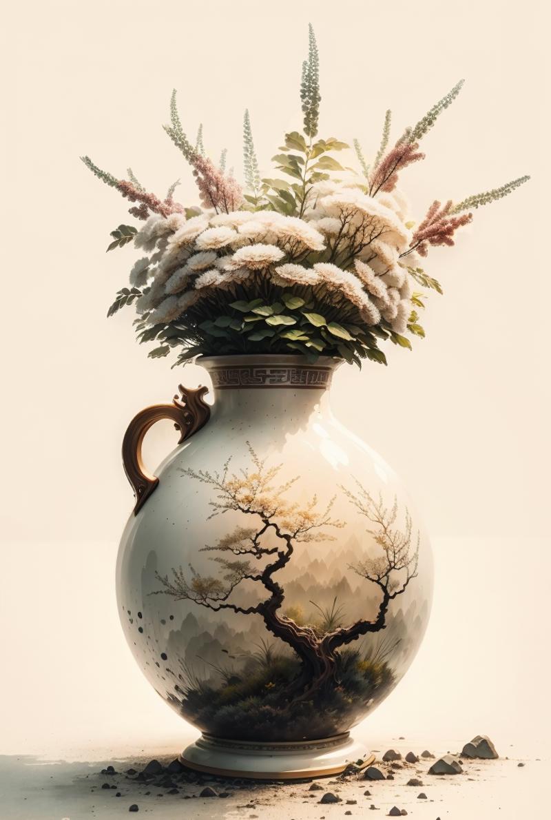 A large white vase with a tree painted on it holding flowers.