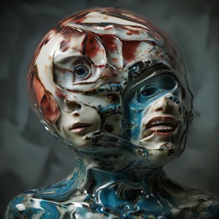 A close-up portrait photograph, The sexy and sassy brunette blue skin, horny alien twin priestess of the sacred watermelon temple. Their luxury interstellar starship behind them, flower field and ayahuasca, 1970s science fiction b-movie, technicolor, 3d stereoscopic cinematic photograph, Polyacrylic resin, glossy, melted plastic, stretched rubber faces, Leica M3, in the style of science fiction rococ, snake tattoos, hoph fibration bundles each rotated axis distorting space, time and warping light, teeth, teeth, teeth, overgrown teeth, teeth growing into teeth, freakish oversized exaggerated huge big teeth, skull, armadillo