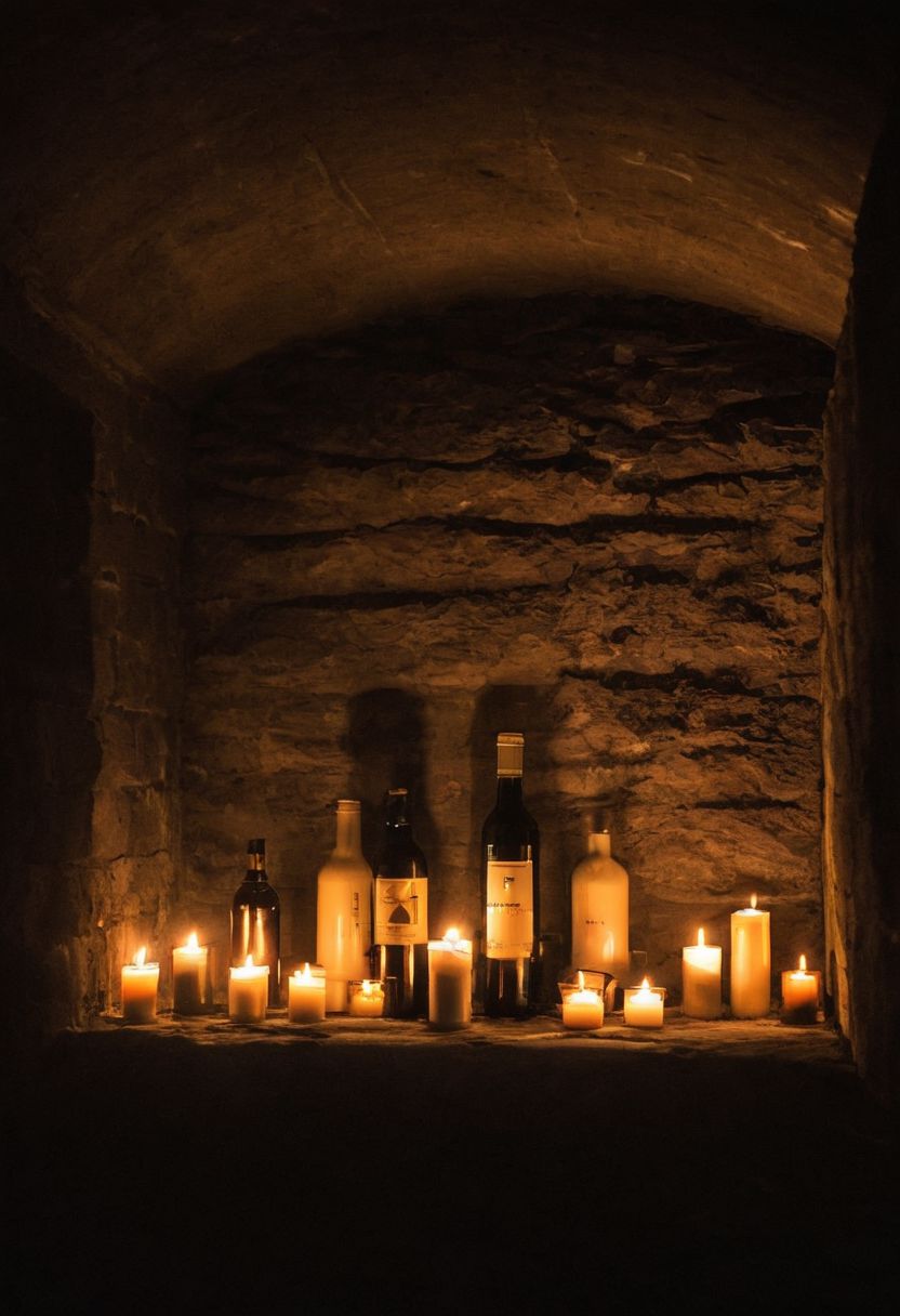 Nikon Z9, NIKKOR Z 400mm f/2.8 TC VR S, photograph of a wine cellar with candles, high resolution, high contrast, ray og light, light on the eyes, hard shadow, ENF, Embarrassed, from distance, national geographic cover
