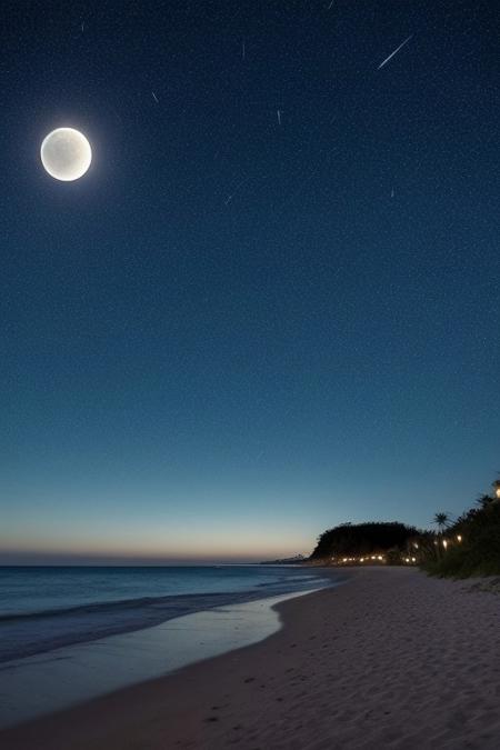 Night, beach, ocean, starry sky, full moon, Without people