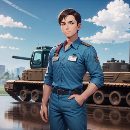 man, military outfit, standing near heavy equipment, (id card badge), outdoors, muddy <lora:woman_with_apple_01:0.8>