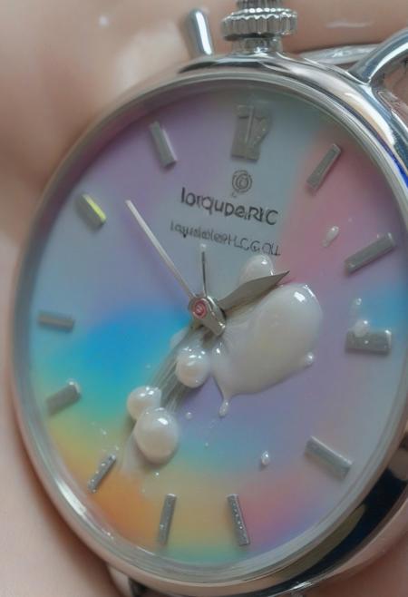 lazypos,aesthetic,extremely aesthetic,masterpiece,flowing,pool of liquid,overflowing,made of l1qu1dp34rl,metal,pearl,liquid pearl,pearlescent,pastel colors,rainbow,watch,no human,pocket watch,watch face,clock face,close up,macro photography,macro photo,liquid,filled,filled with liquid,liquid pouring from watch,oozing,<lora:liquidpearlXL_r1:1>,