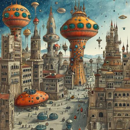 score_9, score_8_up, score_7_up, style of Codex Seraphinianus, Sci-fi metropolis, busy streets, alien world, multiple moons, concept art, detailed, masterpiece