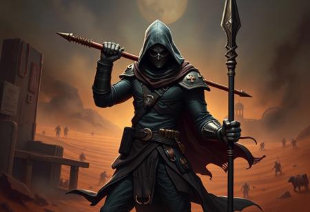 "Create a high-quality, dynamic pose full body illustration of a heroic challenger, Night Watchman, in a grimdark hospital setting. Incorporate Doom Eternal elements and rusty, old details. The character should hold a spear, and only the head should be in sharp focus. Implement the golden ratio for an appealing composition. Set against a desert background, with chimeric elements inspired by Lauryn Hill and the Land of Oz. Use 8K resolution, digital painting techniques, and aim for a highly detailed, elegant design, showcasing the character's sexier side. Make it trendy on ArtStation, like art by Artgerm, Greg Rutkowski, and Alphonse Mucha."