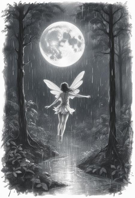 Hand-drawn sketch, overhead view of a fairy mid-leap in a rain-soaked forest under a full moon. Wet scene, reflective surfaces, drizzling rain, rough pencil strokes, textured, white background.