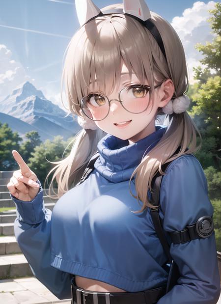 <lyco:moe1-000007:1.0>, moedef, upper body, smile, blush, outdoors, day, simple background, blue sky, sky, temple, looking at viewer, stairs, mountain, moody lighting, facing viewer,