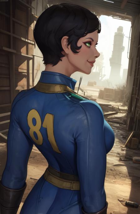 curie, short hair, black hair, green eyes, smile,  
blue bodysuit, from behind ass, 81
standing, upper body, 
underground vault, clean, fallout 4,  
(insanely detailed, beautiful detailed face, masterpiece, best quality),  <lora:curie:0.8>