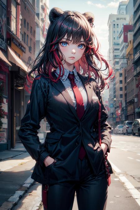 1girl, solo, long hair, black hair, red hair, multicolored hair, blue eyes,  bear ears, animal ears, business suit, suit, black suit, black pants, necktie, hand in pockets, <lora:add_detail:0.8> <lora:GoodHands-vanilla:1>, perfect hands, good hands <lora:zima-06:1> solo_female,