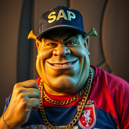 My dude fat RAP MC Shrek in gold chains with dangerous smile and gold tooth  staing in rap pose, my dude have RAP cap with SAP logo on it and he were in cool shirt with Serbian Red Blue White flage