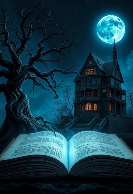 The image is a highly detailed, dark, gothic fantasy digital image, featuring an open book in the foreground, the pages crackle with magic as they transform and blend into a  fantastic landscape. a large, gnarled tree on the left, with twisted branches and roots that dissolve into the page, and a multi-story, gothic mansion on the right, an evil glow spreads from its windows. In the background a ghostly blue moon rises against an inky blue starry night sky, adding a spectral mood to the scene. The overall style is highly detailed and imaginative, blending elements of fantasy and realism seamlessly. The colours are rich and vibrant.