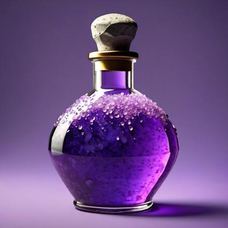 POV, frontal light, Hyper-realistic, detailed, stone design, flat texture, game item, fantasy style, amethyst-colored magic potion in matted glass bottle, centered, side view, diffuse texture, simple colored background