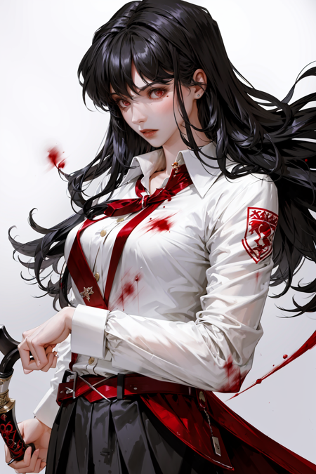 1girl, solo, long hair, looking at viewer, shirt, black hair, red eyes, long sleeves, holding, hair between eyes, jacket, white shirt, upper body, weapon, parted lips, collared shirt, holding weapon, mole, black jacket, blood, floating hair, formal, suit, knife, mole under mouth, blood on face, holding knife, blood on clothes, blood on weapon,
 <lora:pilyeon-04:1>