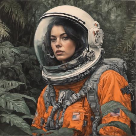 johnmortensen drawing of an Ultra realistic medium shot of a  female Astronaut in a Jungle, photograph, broken helmet tangerine cold color palette, muted colors, detailed, 8k