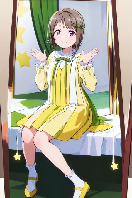 (best quality, masterpiece:1.2), 1girl, solo, (full body:1.2), smile, looking at viewer, sitting, closed mouth,
<lora:A_MUBE_Dress:0.8>, nakasu kasumi, mube dress, green bow, vertical stripes yellow dress, huge bow, puffy sleeves, cute, 
mirror, heart_sign, star \(symbol\),
 <lora:A_Nakasu Kasumi Anime New:0.5>