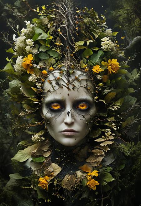 Beneath the murky depths, ecstasy of insects and decayed leaves, full body photo of a lich queen with insects and flowers on hair and neck, 
elegant ethereal appearance elaborate dark forest inspired clothing, crown made of leaves and branches,antlers, distinctive captivating eyes,
hunting on people, dark times, fractal art, (zentangle, mandala, tangle, entangle), 
by Josef Albers and roby dwi antono, Impromptu dissection was performed under less-than-optimal lighting conditions, masterpiece, 
Neo-realism, 
best quality, photo realistic, highly detailed, highres, 4k, 8k, intricate detail, cinematic lighting, amazing quality, Detailed Illustration, wallpaper