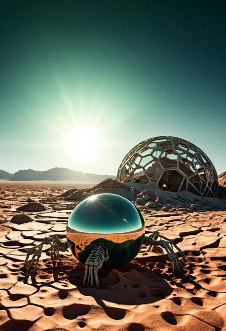 Architectural style _background, scenery of alien world scape, arid hostile planet and two suns ,illustration, Clear, Clean lines, geometric shapes, 3d structure of Gigantic Ttitan1.3 skeleton laying on its back with  whitish dry on the sun bones, structural, modern, terrifying, architectural drawing, highly detailed, insane intricacy, ultra detailed, perfectly shaped, precision1.5, perfection1.1, only cold tones: umbra and cold green-aventurine, post-apocalyptic , cold dim sky with gleaming glaring suns, ((terrain painted in agates with very dark spots)),