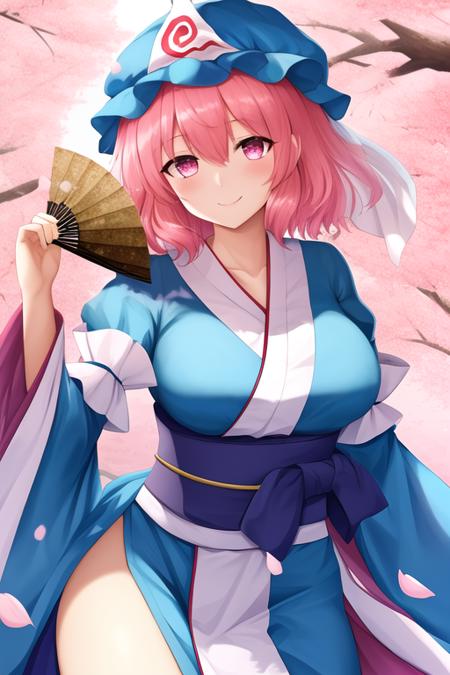 masterpiece, best quality, highres, solo, {saigyouji_yuyuko_touhou:1.10}, pink_hair, hat, short_hair, triangular_headpiece, pink_eyes, mob_cap, blue_headwear, sash, smile, bangs, ribbon, breasts, cherry_blossoms, hair_between_eyes, obi