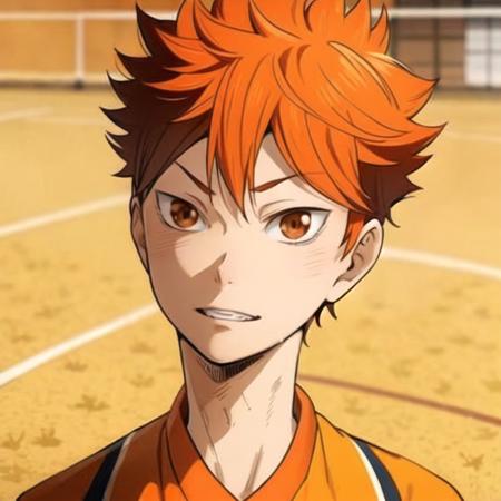 <lora:Shoyo Hinata:0.7>,Shoyo Hinata,ultra detailed face,1boy,short orange hair,volleyball outfit,focused look,short neck,pointy chin,cat eyes,full body,volleyball cort background