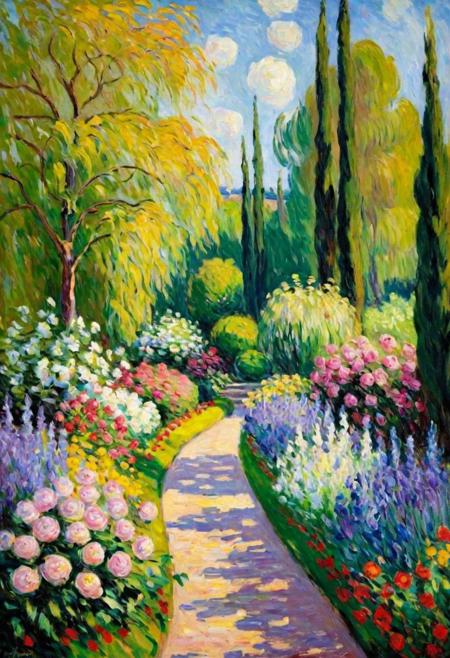 Create an image in the impressionist style of Claude Monet, featuring a lush, sunlit garden with blooming flowers. The artwork should use light brushstrokes and a vivid color palette to capture the fleeting effects of light and atmosphere typical of Monet's landscapes.