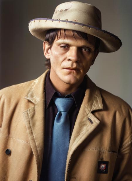 f1 (close-up, editorial photograph of a man, masculine, male), (highly detailed face:1.4) background white wall:1.3) (wearing Bounty Hunter Hat, Canvas Duster Coat, Collared Shirt, Necktie, Bootcut Pants, Western Boots:1.2) <lora:epiNoiseoffset_v2:1.2>, POV, by lee jeffries, nikon d850, film stock photograph ,4 kodak portra 400 ,camera f1.6 lens ,rich colors ,hyper realistic ,lifelike texture, dramatic lighting , cinestill 800,  <lora:Frankenstein:.85>