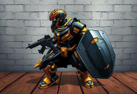 A heroic Cyborg Doctor, its striking black and gold form accented by a vibrant helmet tiger-like pattern. Poised in a Dynamic Action Pose on a distressed wooden surface, facing a textural gray brick wall. It holds a powerful gun and a sturdy shield, head sharply turned left with an alert posture, surveying the scene. Stylized with Splash Ink Illustration, Grammer Effect Style, Handcrafted with Precision, Sharp Lines and Brush Strokes, Stunning Colors, Harmonious Colors, Multi Colored, Contemporary Aesthetics. Beautiful Matte Painting as the Attractive Background. CGSociety, Artstation Trending on ArtstationHQ, Balanced Editing, Impeccable Composition, Creative Angle, Vivid Emotions, Joyful Impact, Powerful Message, Beautiful Detailed Eyes, trending on artstation, Golden Ratio.