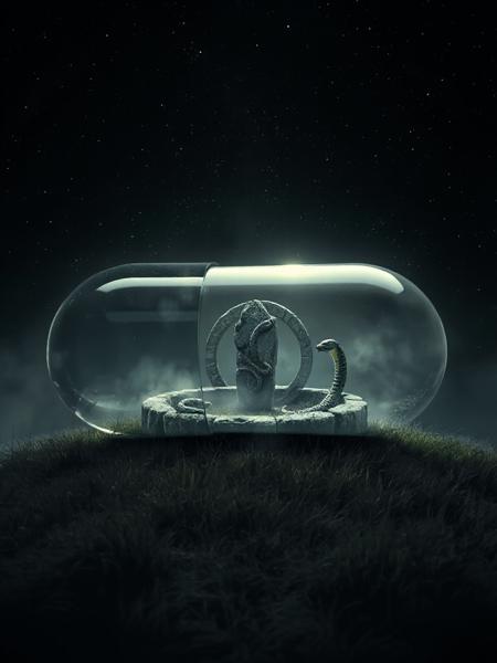 A translucent  pill shaped capsule is filled with a mystical scene of a mist covered stone circle rising from the grass with snakes carved into the antient stonework. the background is of the deepest darkest black, with tiny pinpricks of light marking out an ancient, dying galaxy. the capsule radients a mysterious subdued glow