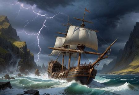 Night Landscape oil painting where the storm is the focal point. The storm dominates the skyscape while in the foreground a flying ship is battered by the winds. To spindly metal spires stand resolute in the face of the coming storm, built within a steep mountain pass. ((Highest quality:1.0),(High resolution:1.0), (masterpiece:1.0), (overview:0.6), beautiful and aesthetic:1.3), extreme detailed, colorful, highest detailed,((ultra-detailed)),(highly detailed CG illustration),((Gloomy and Dark Atmosphere)),,