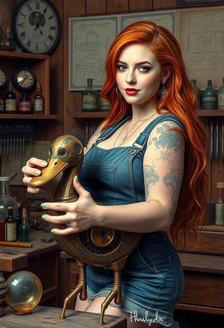 Photo realistic womam, Feminine tinker-alchemist building a mechanical duck clockwork punk motif, clockpunk, 1woman, curvy, large breasts, busting out, 25 year old, portrait, beautiful, perfect face,  beautiful face, very long copper hair, pale skin, Freckles, green manicure, earrings, slight smile,(Alchemy and Tinker shop, blueprints on walls), tools, potions, bottles, workbench, wooden walls, wood furniture, schematics on wall, blueprints on wall, proud. denim, overalls, shorts