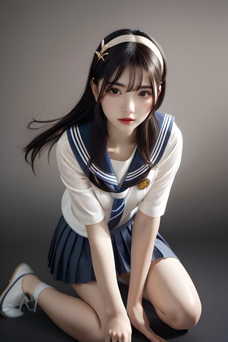 best quality,  (photo realistic:1.2),  detailed skin,  detailed face,  1girl,  low teen,  school girl,  (clear face:1.1),  school uniform,  pleated skirt,  laugh,  windy,  ,  (wearing clothes:1.3),  hair accessory,  black very long straight hair,  hime cut,  (black background,  dark background:1.2),  soft lighting,  atmospheric,  at midnight,  wet clothes,  kneeling,  leg,  ,  loose wearing,   ,  junior sister,<lora:EMS-12225-EMS:-0.400000>,<lora:EMS-258646-EMS:0.700000>