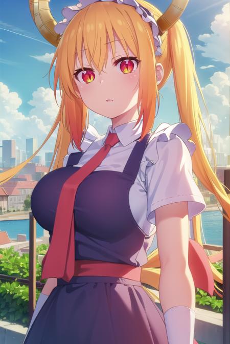 dragontohru, <lora:dragon tohru s2-lora-nochekaiser:1>, 
tohru, tohru \(maidragon\), long hair, bangs, blonde hair, hair between eyes, twintails, very long hair, multicolored hair, horns, fang, gradient hair, dragon horns, (red eyes:1.3), (slit pupils:1.5),
BREAK gloves, dress, tail, short sleeves, necktie, white gloves, maid, maid headdress, dragon girl, dragon tail, scales, large tail,
BREAK outdoors, sun, sky, clouds, city,
BREAK looking at viewer, (cowboy shot:1.5),
BREAK <lyco:GoodHands-beta2:1>, (masterpiece:1.2), best quality, high resolution, unity 8k wallpaper, (illustration:0.8), (beautiful detailed eyes:1.6), extremely detailed face, perfect lighting, extremely detailed CG, (perfect hands, perfect anatomy),