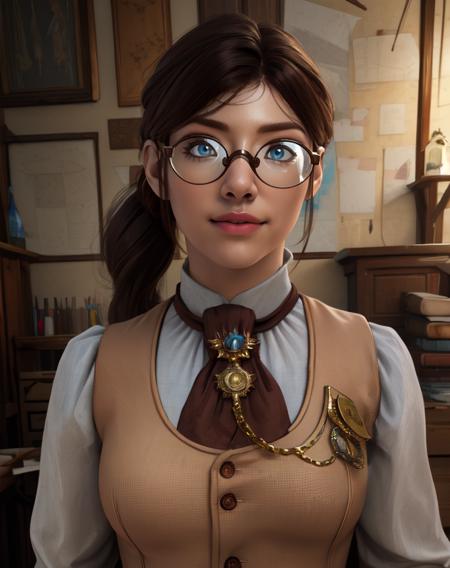 eugenie,brown hair,low ponytail,blue eyes,glasses,(light smile:0.8),
shirt,bolo tie,brown vest,brown gloves,brooch,
workshop,standing,upper body,
(insanely detailed, beautiful detailed face,beautiful detailed eyes, masterpiece, best quality),solo,
<lora:eugenieLOP-10:0.8>,