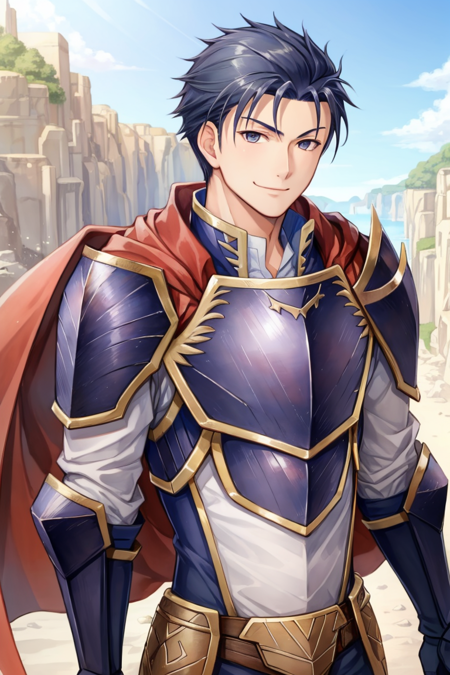 <lora:Hector_FE-10:0.9> hector fe, ultra high quality cg, solo, looking at viewer, smile, upper body, gloves, 1boy, male focus, cape, armor, shoulder armor, scenery