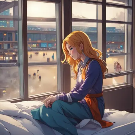 From side, sitting on bed