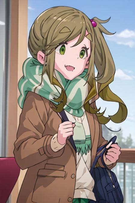 best quality, masterpiece, highres, solo, {inuyama_aoi_yurucamp:1.15}, thick_eyebrows, long_hair, fang, skin_fang, brown_hair, green_eyes, smile, closed_mouth, side_ponytail, hair_ornament, hair_bobbles, 1girl, open_mouth, scarf, swept_bangs, looking_at_viewer