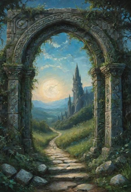 oil painting of an ornate gothic stone archway. The archway is adorned with ancient carvings and is partially covered with lush green foliage. The sky beyond the archway reveals a dark fantasy landscape with a blue moon. The ground is a mix of stone and grass. The overall composition is vibrant and fantastical, evoking a sense of adventure and wonder