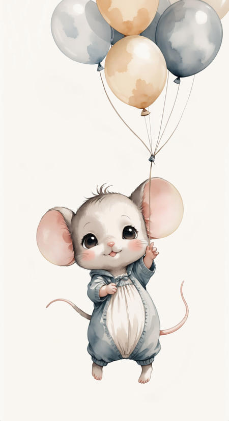 Ink wash painting, an adorable chibi baby whimsical mouse, being lifted towards the sky by a giant balloon on a string  held in their hand, illustration for kid's room, boho, neutral colors, minimalist, vectors, simple, white background