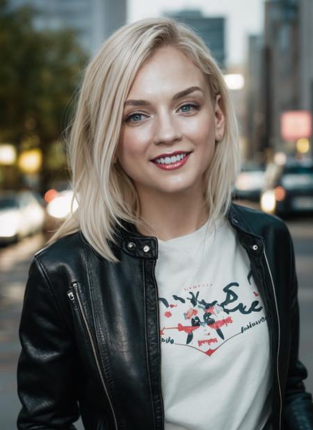 portrait photography, black leather jacket, white tee, smile, Berlin background, soft colors, bokeh, (high detailed skin:1.1)
 <lora:emily_kinney_lora_v01:1> 3mk1n1