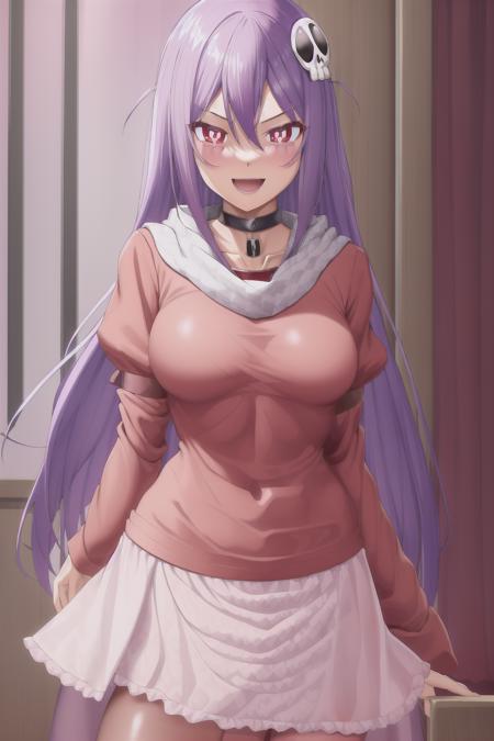 (haqua d'rot herminium), (large breasts), (wide hips), (white pupils), purple hair, red eyes, red shirt, puffy sleeves, (gray microskirt), (chain choker), pink scarf, see-through scarf, (pink see through scarf), 1girl, solo, long hair, :d, indoors, skull hair ornament, <lora:Haqua D'rot Herminium V1:0.7>