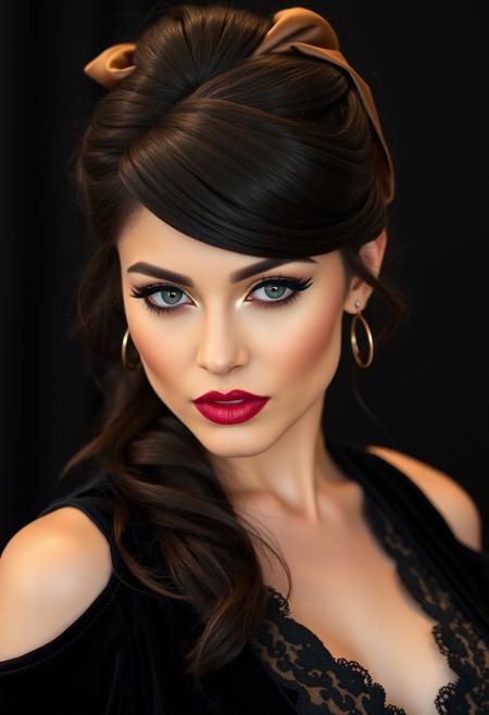 A gorgeous 30 years old Caucasian woman, Dark glossy hair with a deep rich color, A low ponytail with a voluminous top knot, finished with a satin ribbon tied in a bow, Large  expressive green eyes with a bold graphic eyeliner, paired with a shimmery eyeshadow in champagne gold and a coat of jet-black mascara, Full pouty lips with a gradient of pink and red, lined with a deep burgundy lipliner, rouge, A voluptuous figure with smooth, flawless skin, A black velvet dress with a plunging neckline, adorned with delicate lace, Looking at view sensually and dominantly, assertive,