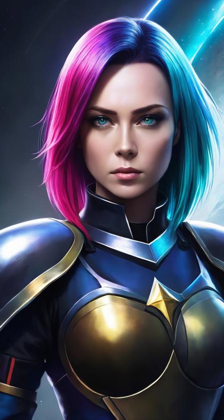 samburskaya, solo, rainbow hair, white eyes, 
middle shot, closeup, detailed background, hyper realistic, slim, fit,
(pastel painting:0.8), [round breast]
an artwork that captures her profound resolution and serenity in the face of destiny,Clad in her signature armor of darkened metal,ominous setting encapsulates her complex character and the magnitude of her power, film noir, ConceptArtWorld, maid uniform, long hair,  (alchemist:0.8), 
detailed background, cute, (spiritual:0.8),<lora:samburskaya_sdxl_01:0.9>