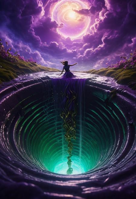 Whimsical fantasy concept art. Macro shot. A person falling down a drain, surrounded by swirling clouds and mystical energy. Close up. Vibrant, stylized matte painting with intricate details. Swirling clouds of purple and green, with golden accents and glowing blue runes. Rich, deep colors with subtle gradient transitions. Warm, soft lighting with a touch of magic realism. 8k resolution, best quality, trending on Artstation, Unreal Engine 5, highly detailed, cinematic, fantastical, mystical, dreamlike.