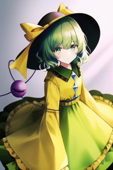 masterpiece, best quality, komeiji_koishi, green_eyes, heart_of_string, yellow_shirt, hat, eyeball, skirt, wide_sleeves, 1girl, green_skirt, frills, green_hair, black_headwear, shirt, long_sleeves, bow, looking_at_viewer, yellow_bow, frilled_sleeves, solo, heart_hands, underwear, heart-shaped_pupils, hat_ribbon, string, holding_clothes, frilled_shirt_collar, hat_bow, blouse,  yellow_blouse,  hair_between_eyes, ribbon, yellow_ribbon